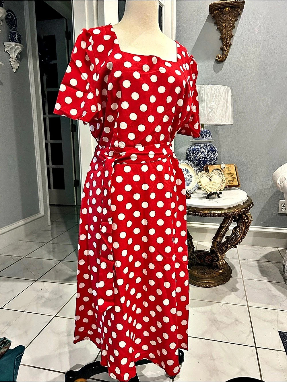 Red & White Polka Dot Midi Dress Like New